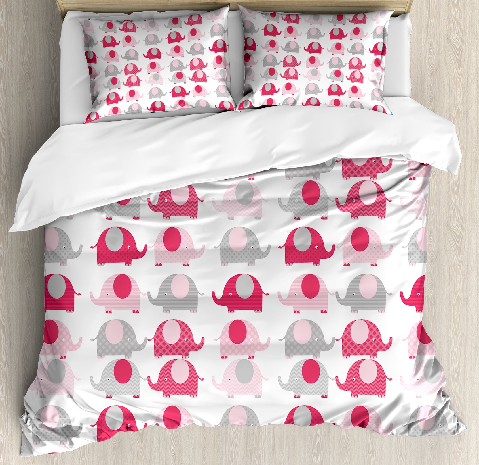 Nursery Queen Size Duvet Cover Set Vibrant Colored Abstract Vibrant Colored Abstract Elephants Polka Dots Chevron Motifs Decorative 3 Piece Bedding Set With 2 Pillow Shams Dark C Pale Pink Grey