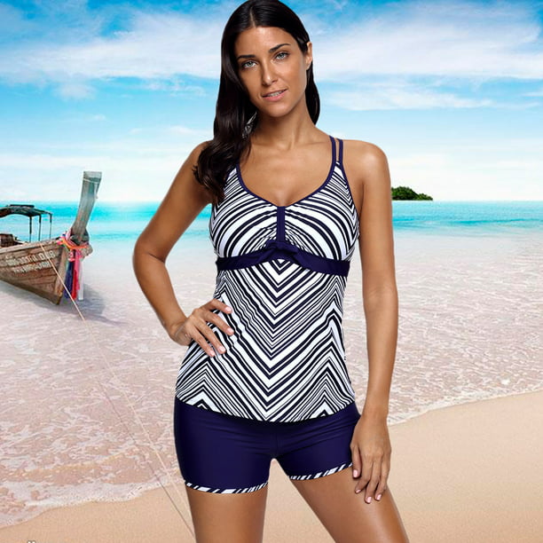 Anself - Women Swimsuit Stripe Bathing Suit Top+Short Plus Size Tankini ...