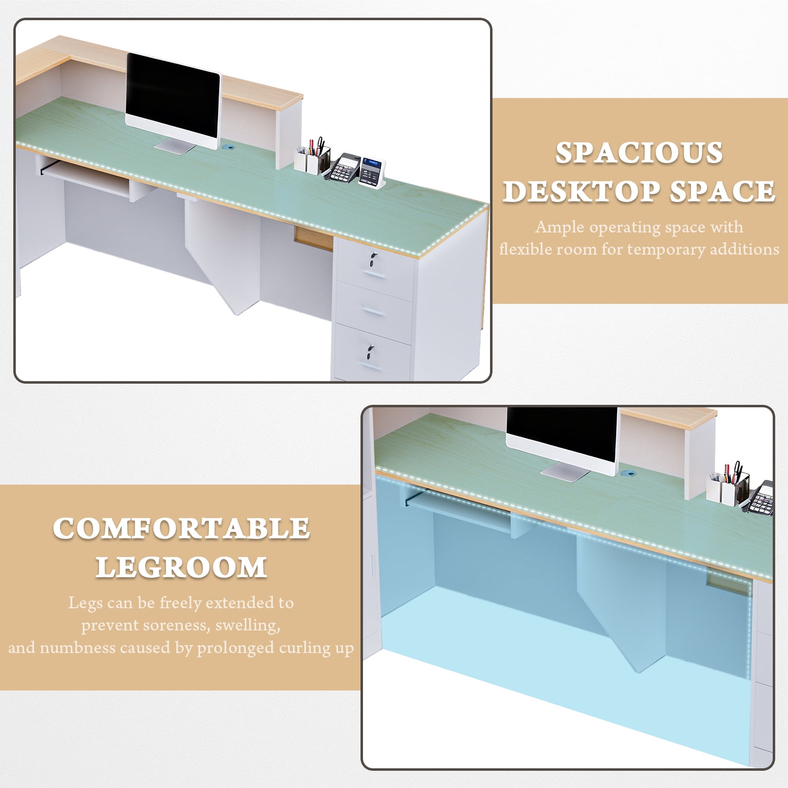 Vakiorn L-Shaped Wooden Reception Desk Lockable Drawers Storage Keyboard Tray 71in for Office Lobby Checkout Left Natural Wood White