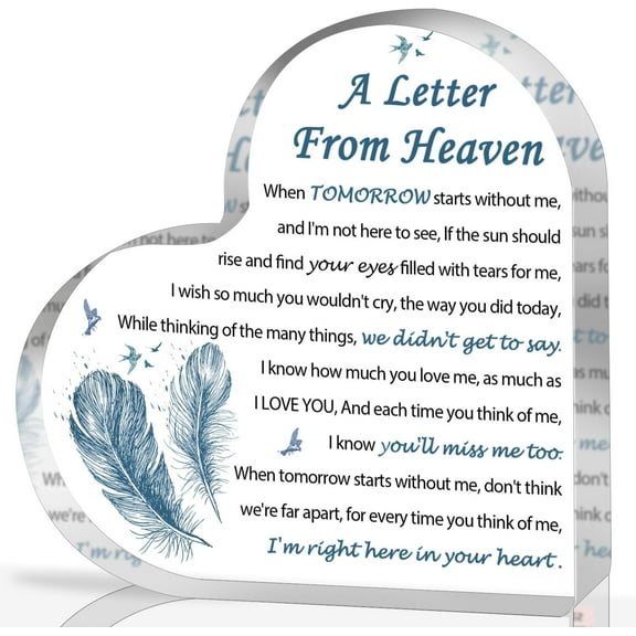 Sympathy Gifts - A Letter from Heaven- Memorial Gift for Loss of Mother Father Husband Son, Acrylic Heart Keepsake,Remembrance Sympathy Gifts Present（Feather）
