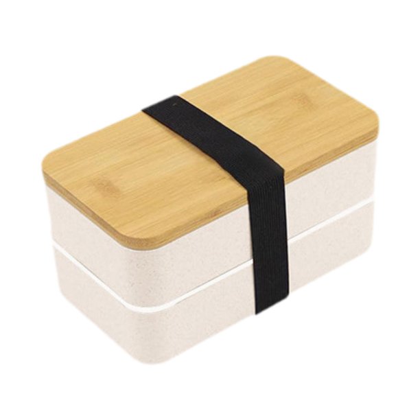 Recipiente Doble Capa Caja Bento Compartimentos con Tapa Bambú y Cubiertos Portátil PP Elegante Adecuada para Oficina Hogar Viajes Picnic Blanco