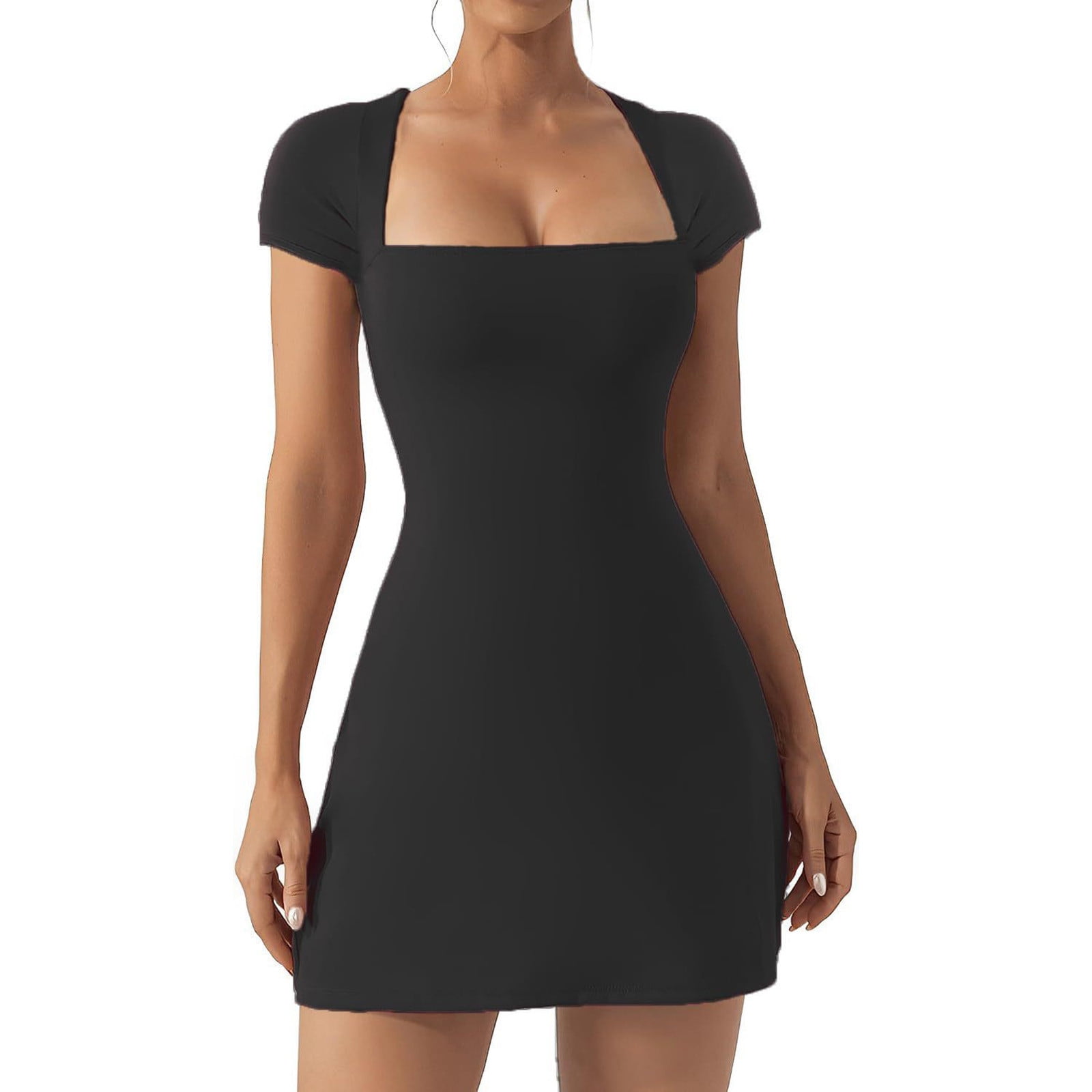 QATAINLAV Vacation Sales! Womens Tennis Dress with Built in Shorts and Bra Spaghetti Straps Athletic Golf Dresses Summer Side Slit Workout Mini Dresses Black S