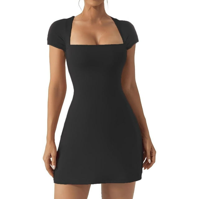 Womens Square Neck Tennis Dress Short Sleeve Bodycon Mini Dresses Stretch Golf Athletic Dress