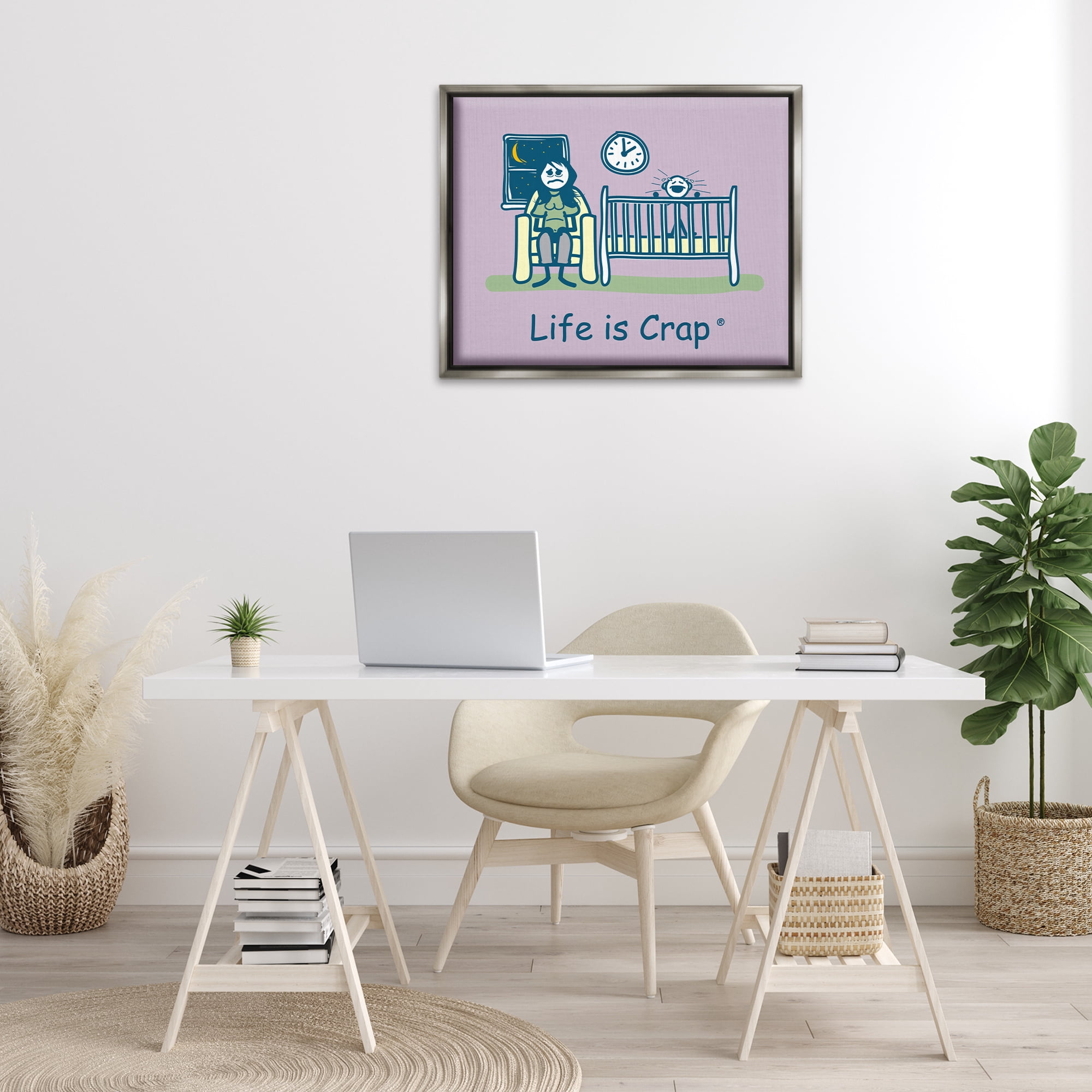 Stupell Industries Awake with Crying Baby Novelty & Humor Painting Gray Floater Framed Canvas Art Print Wall Art, 31 x 25