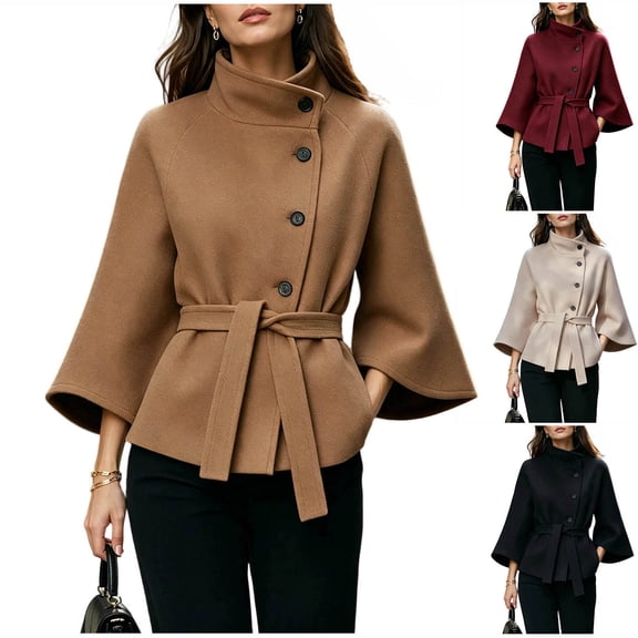 Miqool Women's Tweed Stand Collar Jacket Button Down Tie Waist Flare Long Sleeve Coat Trendy Casual Office Trench Coat