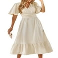 thumbnail image 4 of Femmes Été Robe Longue Couleur Unie Suisse Point V-Cou Volants Manches Courtes Robe Swing Robe, 4 of 9