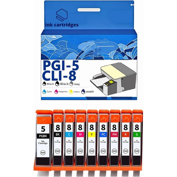 PGI-5 CLI-8 PGI5 CLI8 Ink Cartridges Compatible for Canon IX4000 IP3300 4200 4300 4500 PRO9000 Inkjet Printers, Leak-Proof Design Crisp Printing