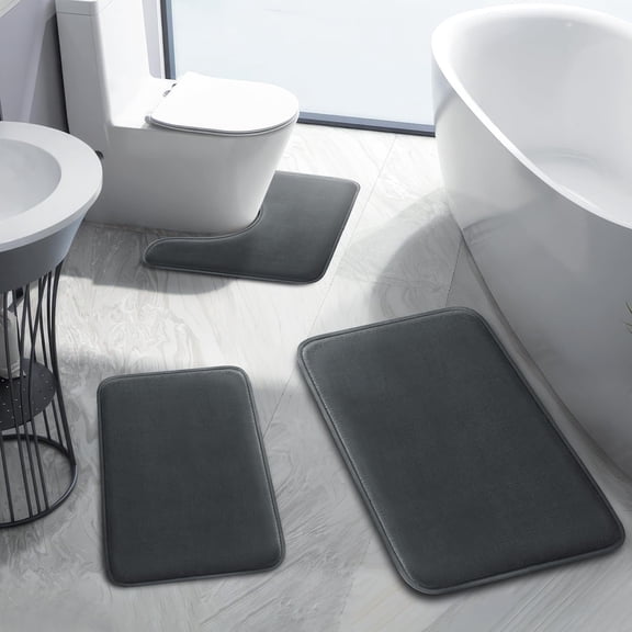 VEGCOO Memory Foam Bathroom Mat Set, Charcoal Grey, 3-Piece