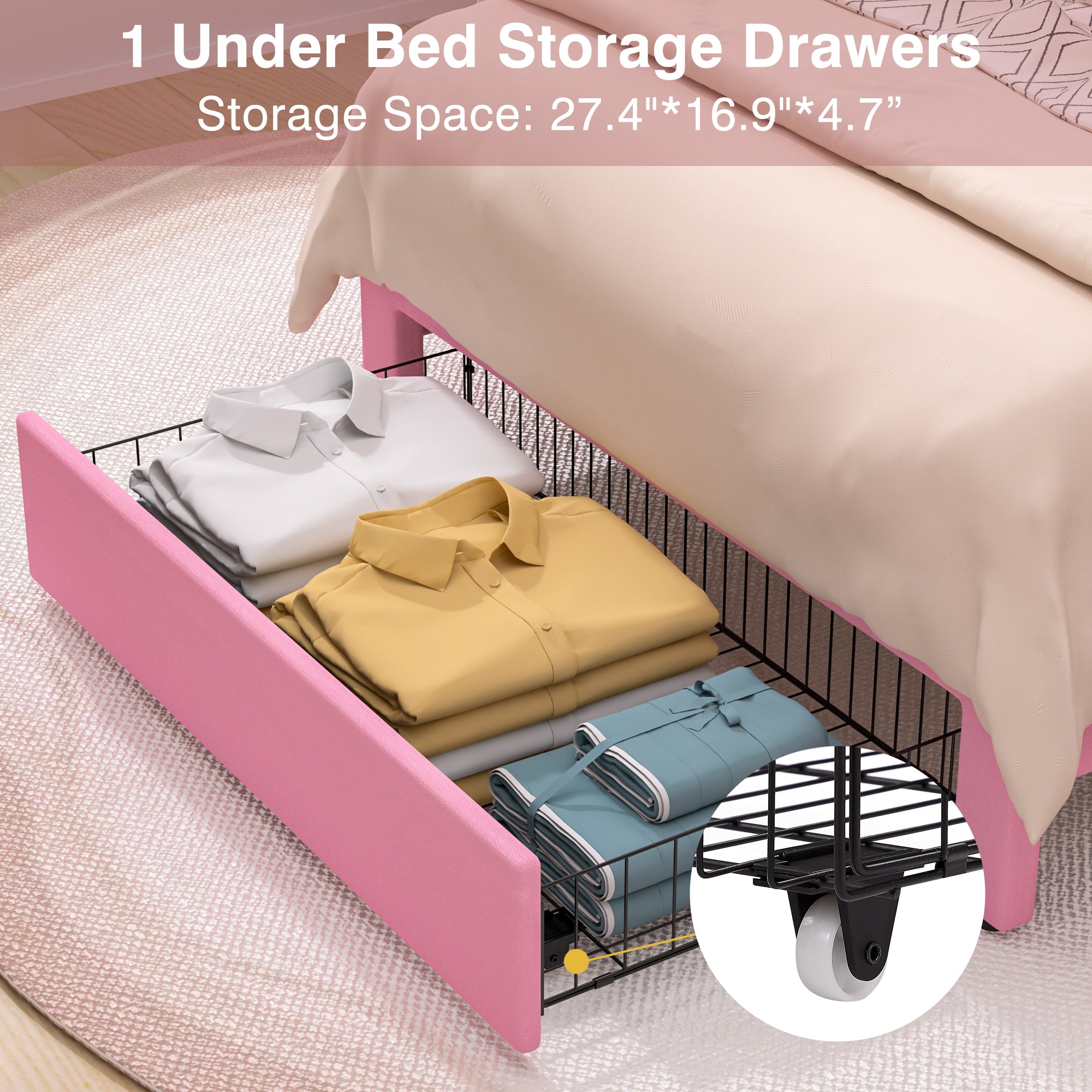 VECELO Full Size Bed Frame with 4 Storage Drawers, Modern Upholstered Platform Bed Frame with Adjustable Headboard, No Box Spring Needed, Pink