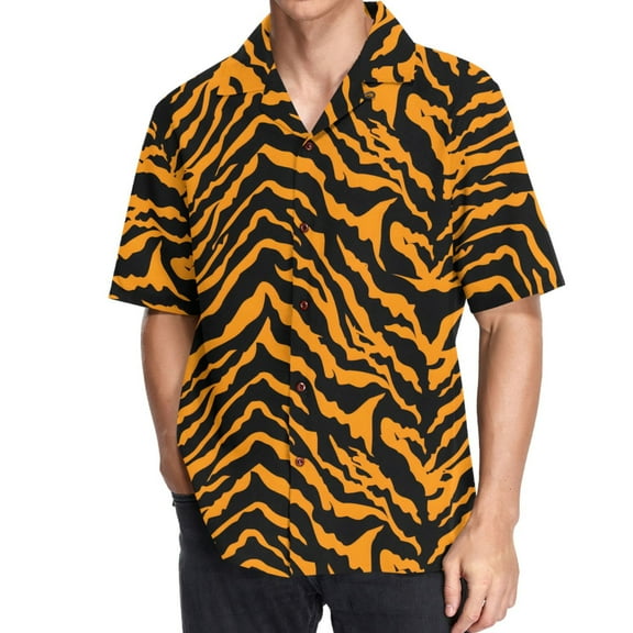 joogoo Men's Hawaiian Shirt Tiger Print Background Short Sleeve Casual Button Down Shirts M