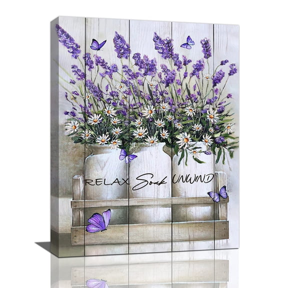 Lavender Bathroom Decor Farmhouse Bathroom Wall Art Purple Lavender Canvas Prints Rustic Country Bathroom Pictures for Wall Relax Soak Painting Modern Artwork Home Decoration for Bathroom 12"x16"