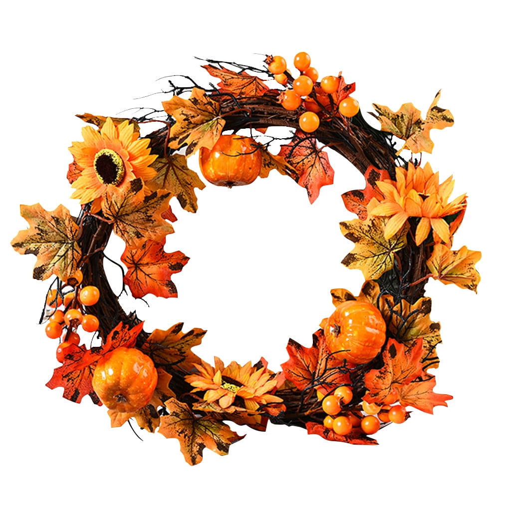 40cm Autumn Maple Leaf Wreath Harvest Artificial Berry Maple Leaf Fall Door Wreath Home Door Wall Haning Garland Ornament Christmas Xmas Thanksgiving Days Decorations Supplies Lighted