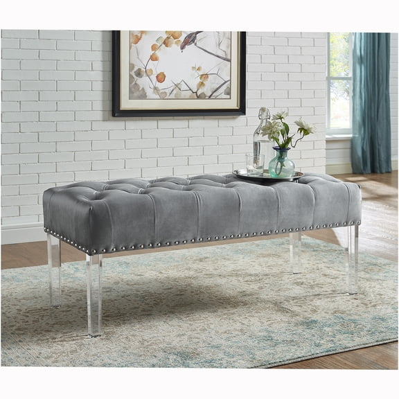 JERFIT Valley Button Tufted Velvet Upholstered Bench with Acrylic Leg Gray