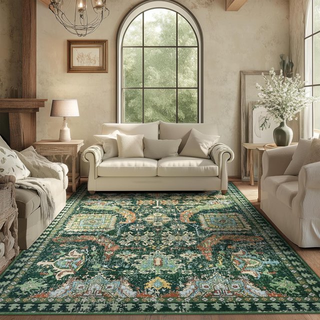 6x9 Ft Area Rug, Washable Non-Slip Outdoor & Indoor Rug for Living Room, Patio, Bedroom – Boho Green Design, Perfect for Any Space, Soft & Durable