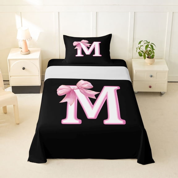 Erosebridal Bowknot Initial Alphabet M Twin Sheet Sets,Dreamy Princess Bowtie Kids Bedding For Girls 3pcs