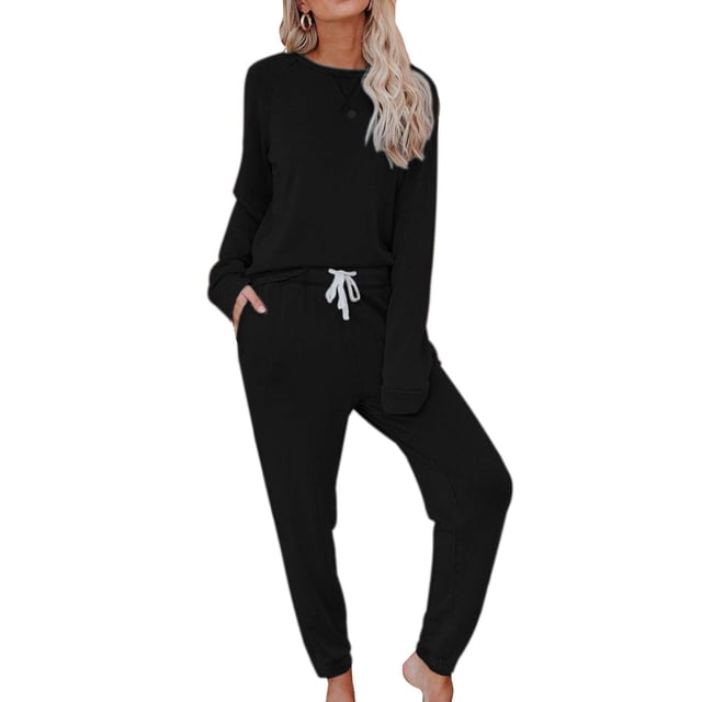 Conjunto de dos piezas para mujer: Top y pantalón de color liso degradado, cuello redondo, manga larga, pijama y pantalones cortos.