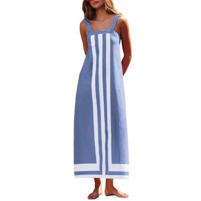 Vestido Ailoqing 2025 para mujer, bohemio, floral, maxi playa, azul-M