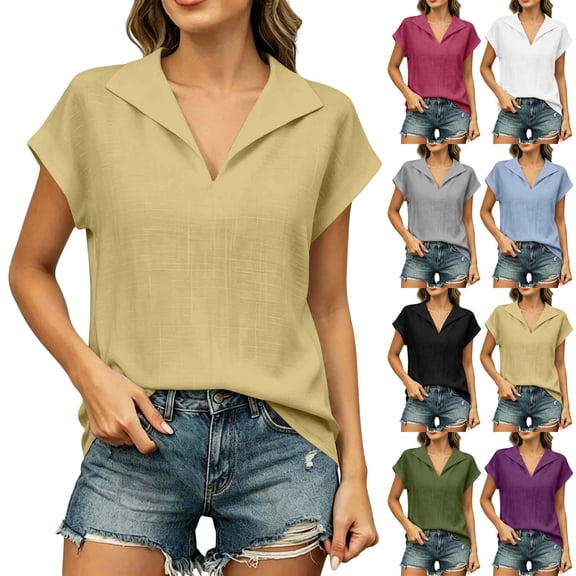 Women's V-Neck Collared Blouse, Cap Sleeve Casual Top, Breathable Lightweight Shirt for Summer, Vacation, Beach Yellow XL(XL)