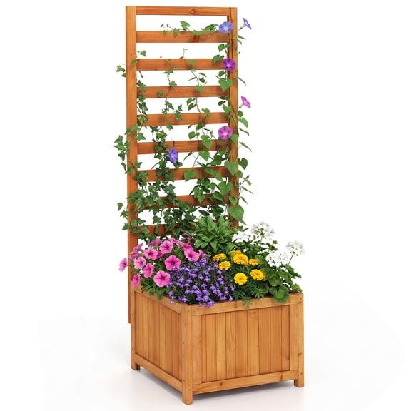 Gymax 48'' Wood Raised Garden Bed w/Trellis Drainage Holes & Gaps for Climbing Plants
