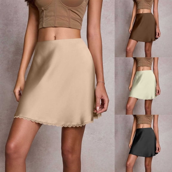 Jsaierl Women's Lace Trim Satin A-Line Mini Skirt, High Waist Silky Skirt, Elegant Slip Skirt for Date Night & Brunch