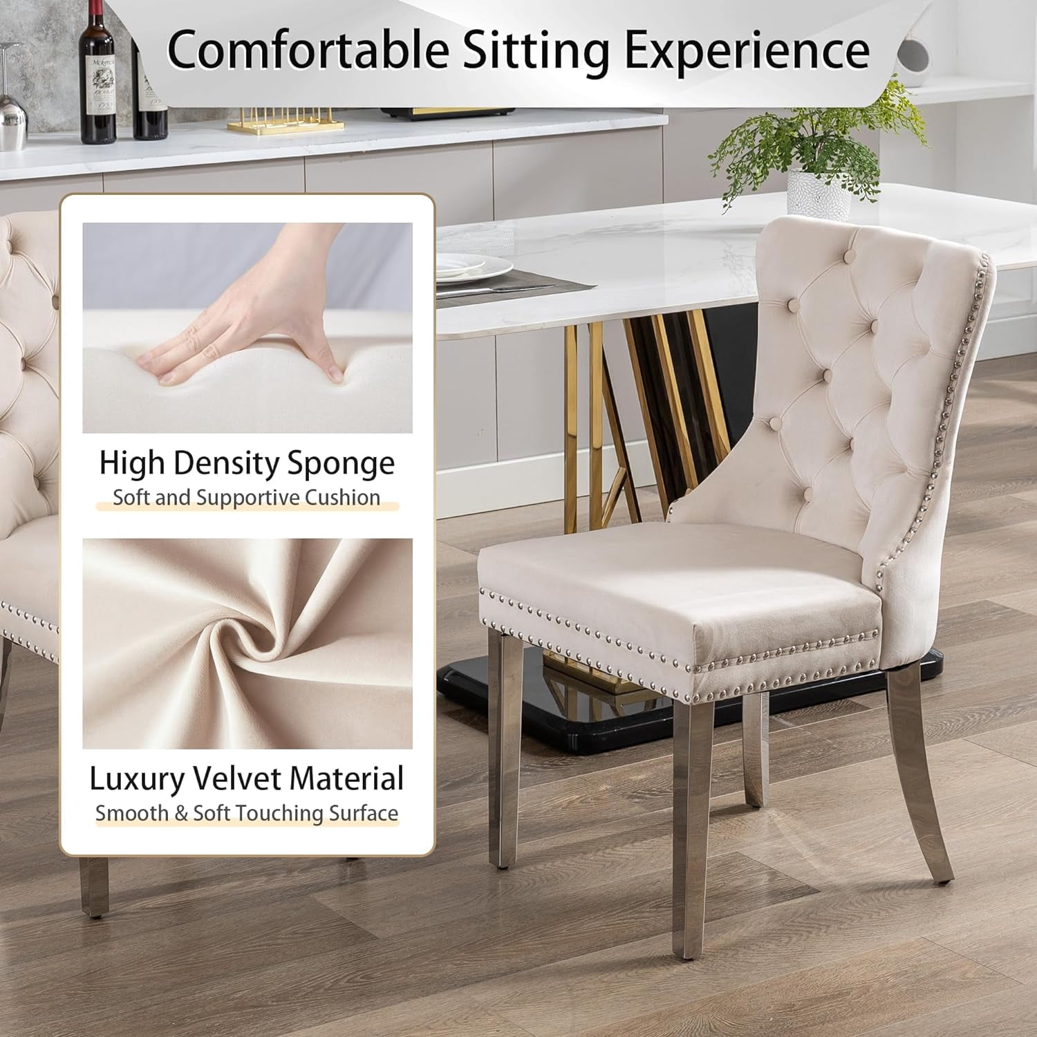 Westice Dining Room Chairs Set of 4, Button Tufted Velvet Chairs with Modern Stainless Steel Legs, Rivet Trim Metal Pull Ring Large Back for Kitchen Dining Room Restaurant, Beige