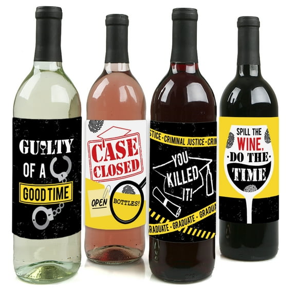 Big Dot of Happiness Case Closed - Criminal Justice Graduation Party Decorations for Women and Men - Wine Bottle Label Stickers - Set of 4