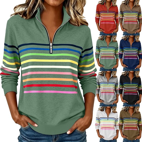 Winter Sweatshirt For Women Half-zip Striped Loose Long-sleeved Stand-up Collar Oversized Fleece Pullover Sweatshirt