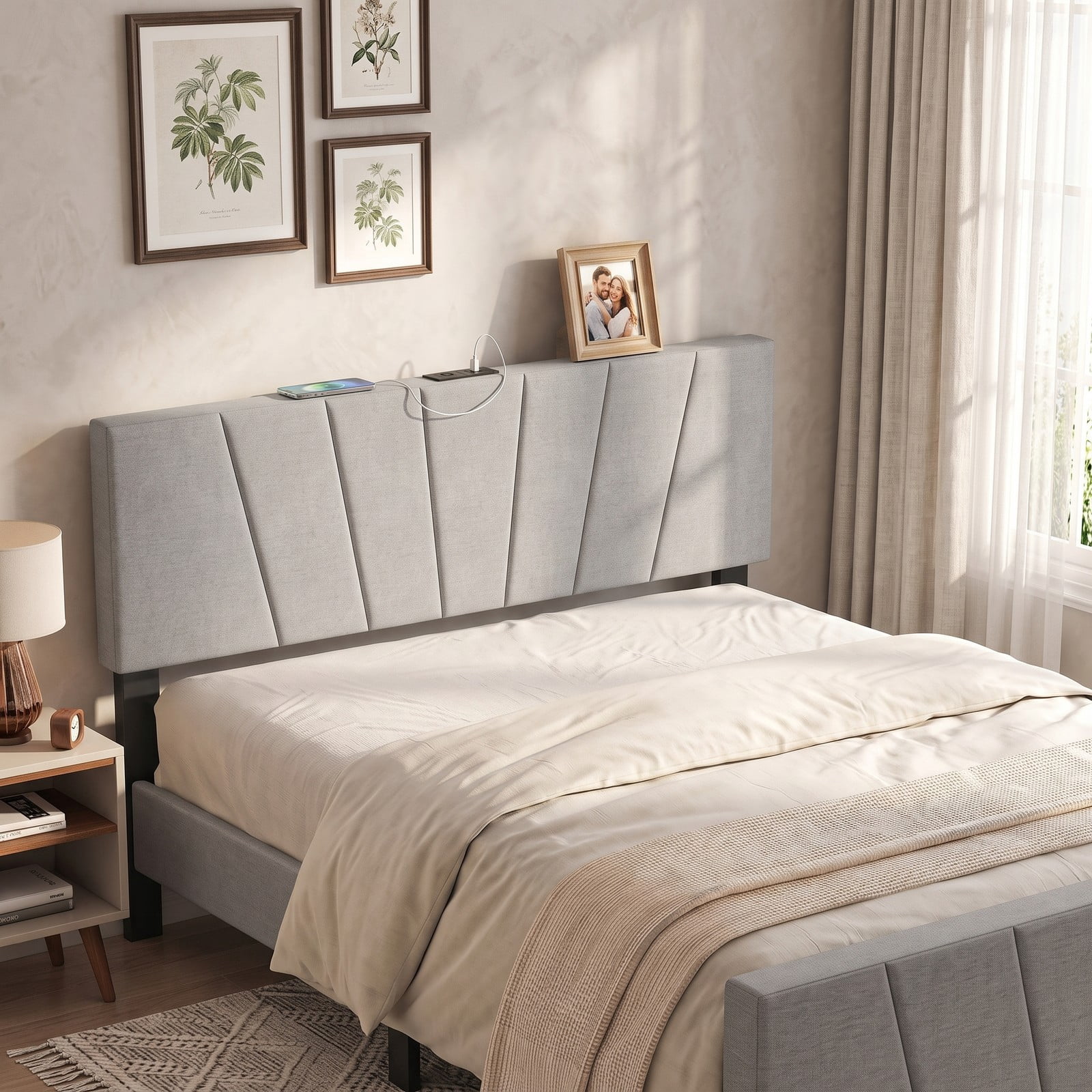 Furnibear Geometric Channel Upholstered Headboard with 2 AC Outlets and USB and Type-C Charging Ports for Full and Queen Size Beds, Gray