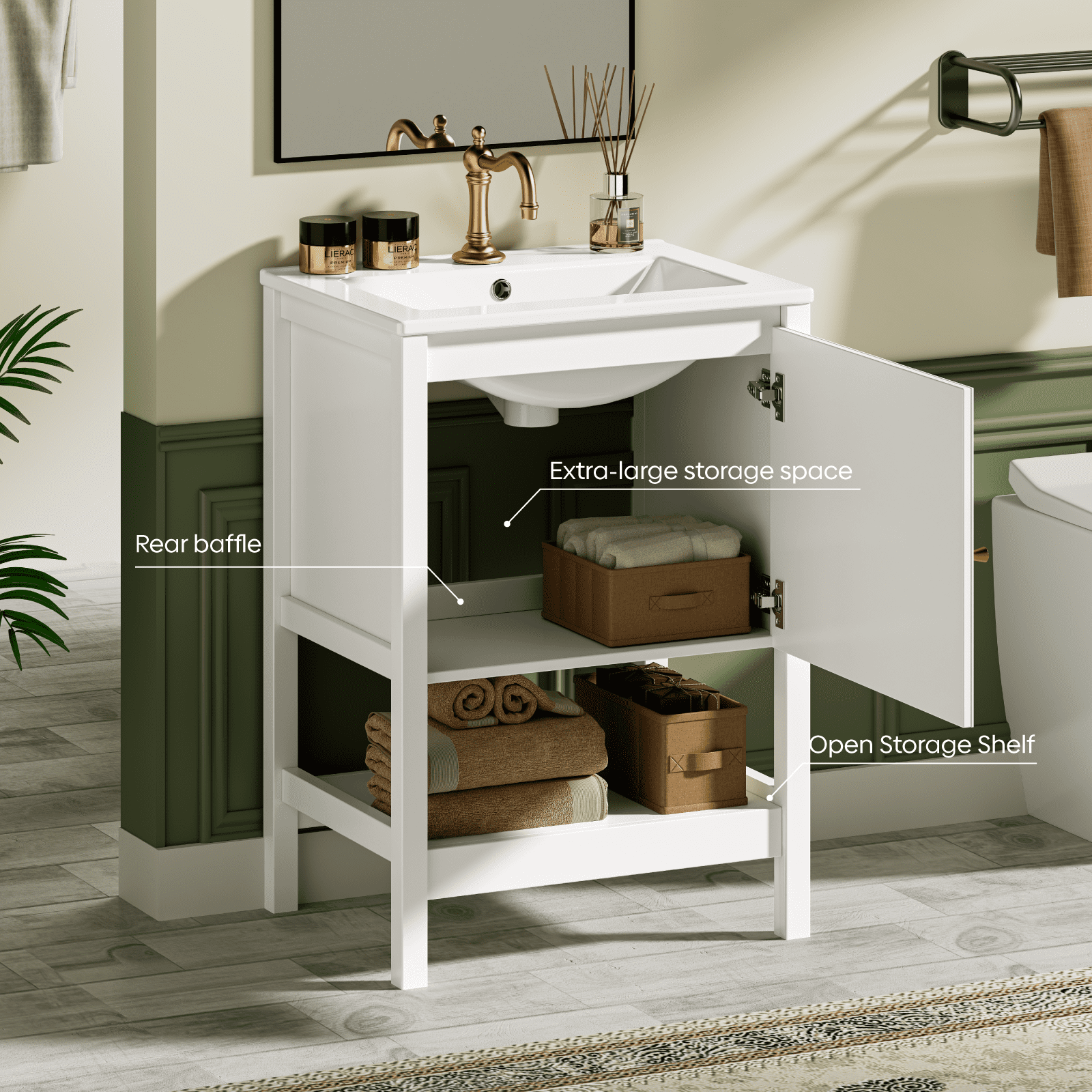 EVOKEDEN 24" Bathroom Vanity with Sink, Small Farmhouse Freestanding Bathroom Cabinet Combo Set, Soft Closing Door and Open Storage Shelf, White