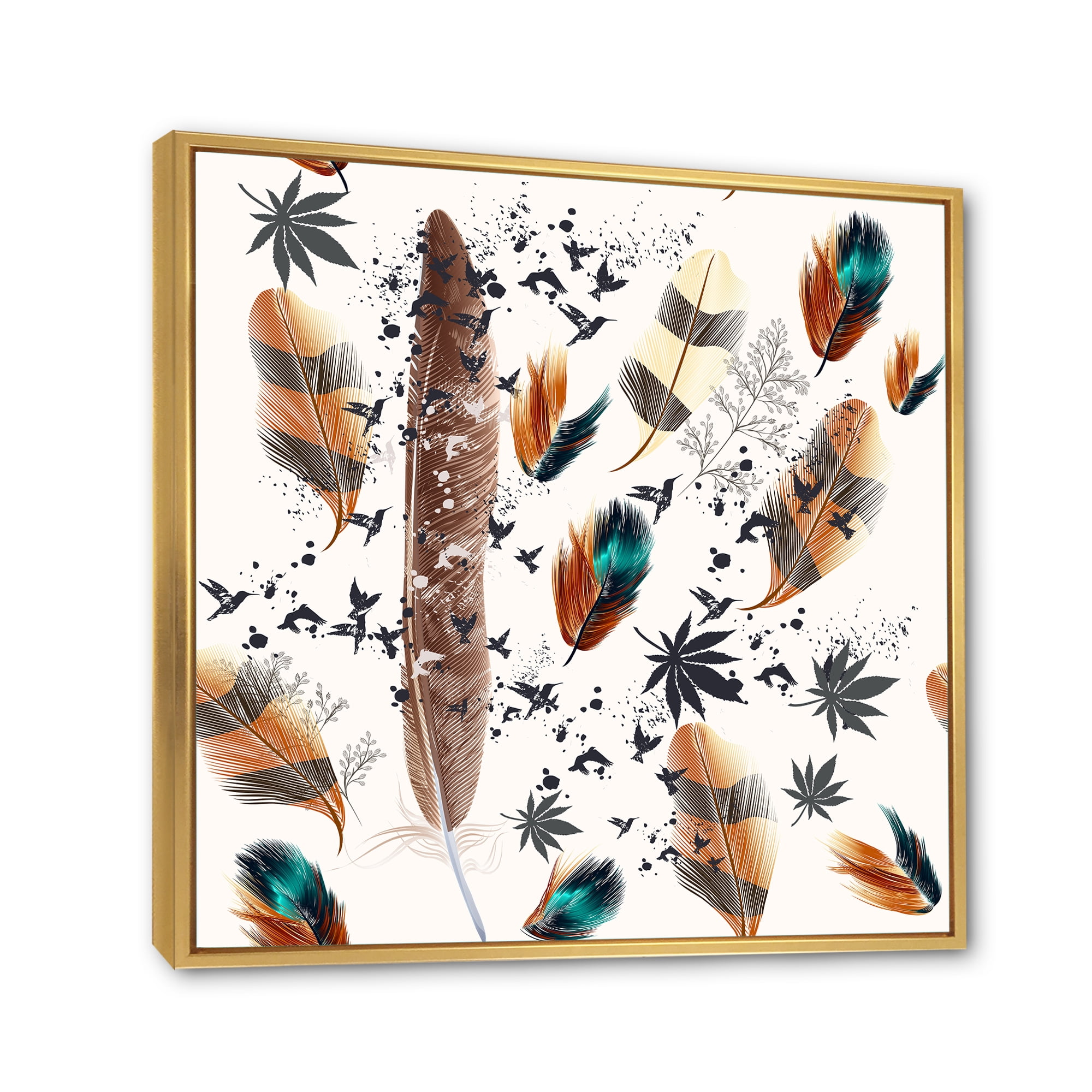 Designart 'Multicolored Feather Pattern With Floral' Bohemian & Eclectic Framed Canvas Wall Art Print