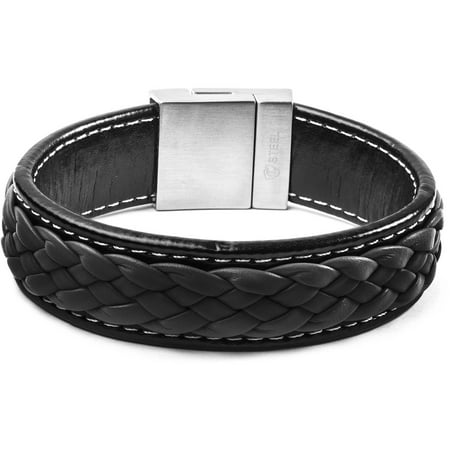 Crucible Black and Charcoal Stainless Steel Braided Leather Bracelet