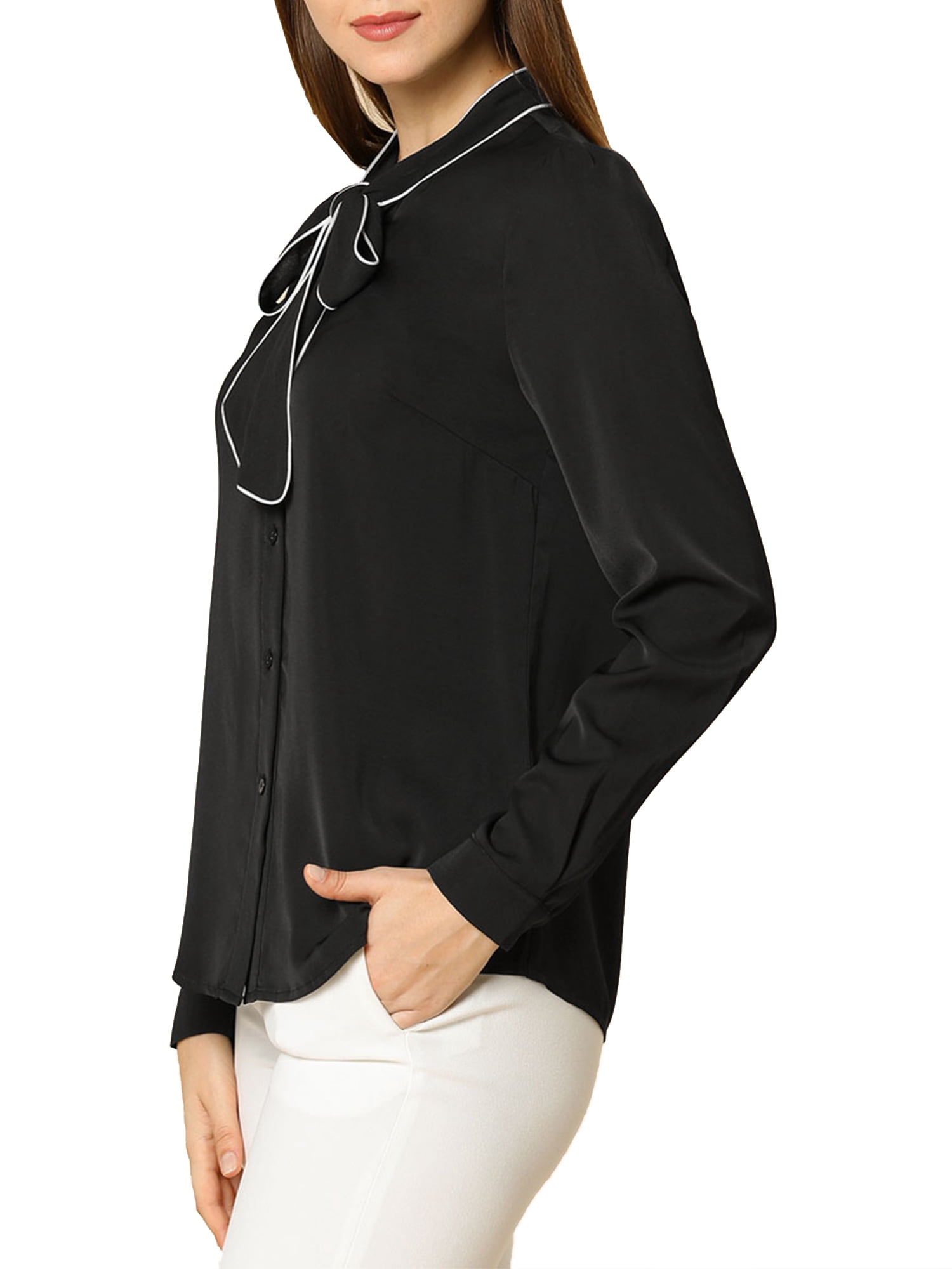 DARING DIVA Women's Contrast Color Button Down Long Sleeve Tie Neck Shirt XL Black