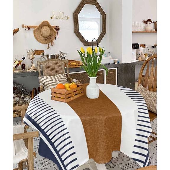Modern Brown Blue Tablecloth Square Table Cloth 60x60 , Waterproof Tablecloth Outdoor Table Cloth, Boho Contemporary Geometric Striped Washable Table Cover for Kitchen Dining Party
