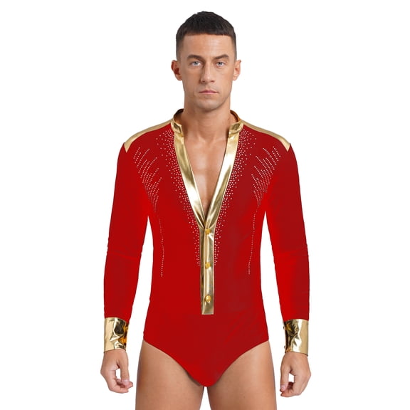 Sholeno Mens Long Sleeve Shiny Rhinestones Satin Patchwork Bodysuit Figure Skating Dancewear Red XL