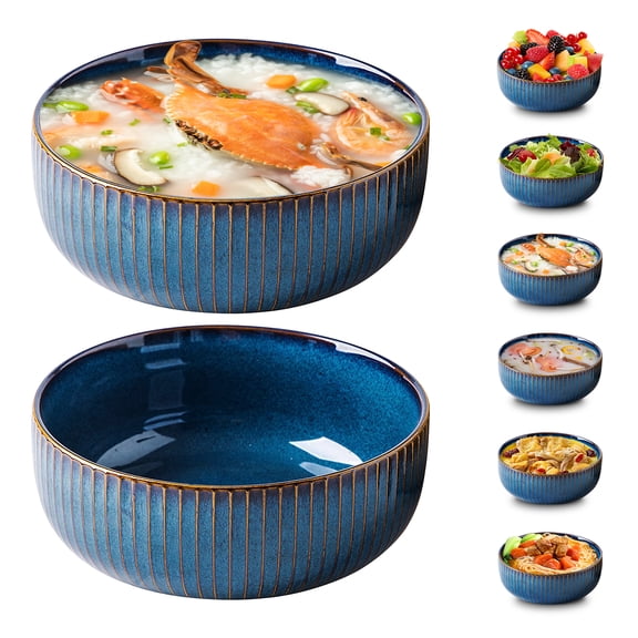 Large Salad Bowl, 1800ml/61oz Large Bowl ,Ceramic Fruit Serving Bowls, Stylish Blue Bowl ，Round Soup Bowl,Bowl for Soup,Salad,Cereal,Ramen