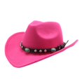 thumbnail image 4 of Western Cowboy Hat for Men Women Roll Up Brim Felt Cowgirl Sombrero Caps Ethnic Style Rivets Jazz Hat with Turquoise Leather Belt Hot Pink One Size, 4 of 4