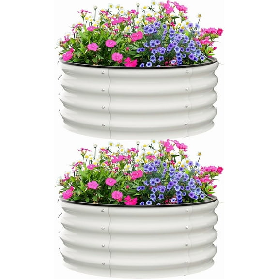 Raised Garden Beds Outdoor, 2 Pack 2x2x1 FT Galvanized Raised Garden Bed for Gardening, Round Metal Planter Box for Planting Plants Vegetables and Flower, White