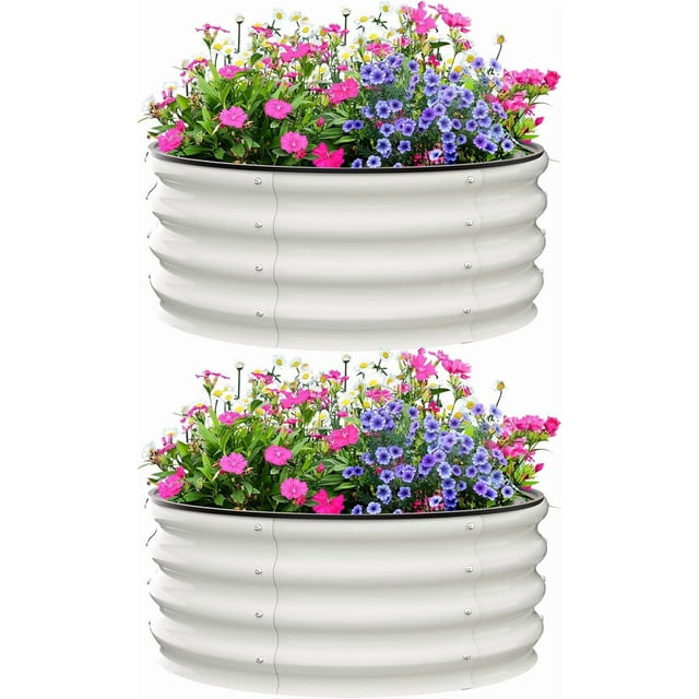 Lot de 2 Bacs de Jardin Surélevés Galvanisés 2x2x1 Pi Bacs de Plantation Ronds en Métal avec Fond Ouvert Résistants à la Rouille Bacs de Jardin d'Extérieur pour Légumes Fleurs et Herbes Blanc