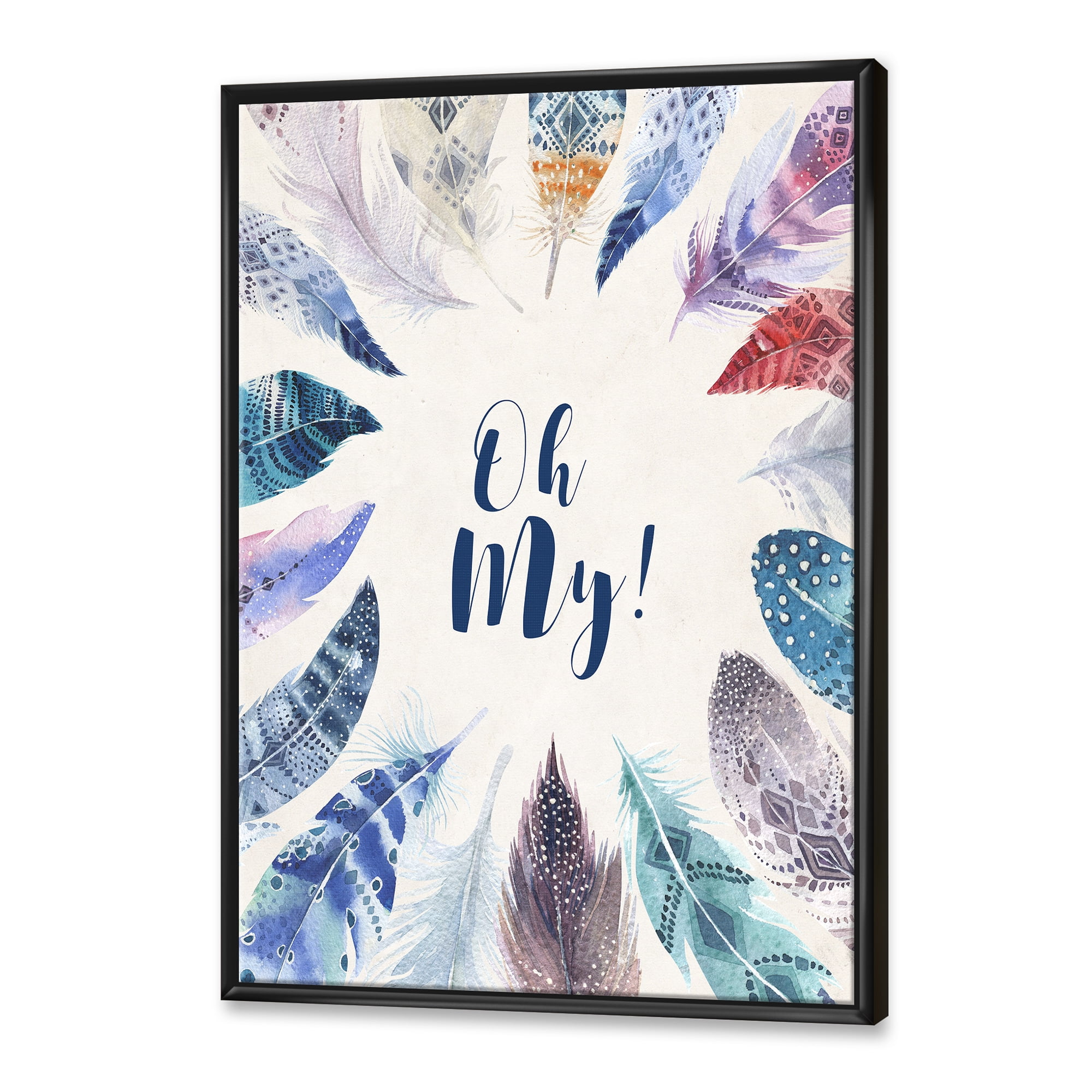 Designart 'Vital Blue Feathers Oh My' Bohemian & Eclectic Framed Canvas Wall Art Print