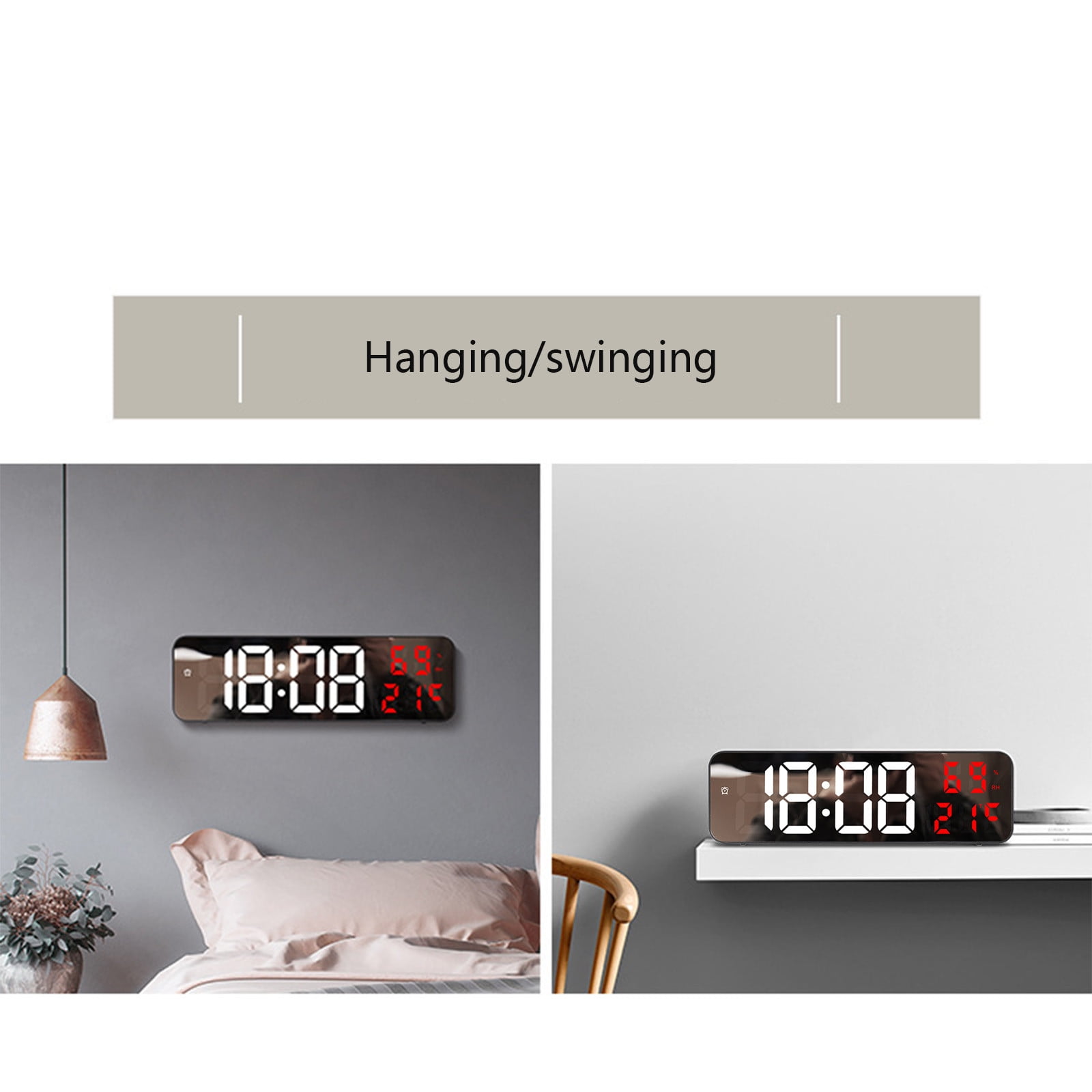 Iuhan LED Wall Clock, Large Digital Mirror Display with Temperature Date Humidity, Adjustable Brightness Alarm Clock for Home Office Bedroom Decor