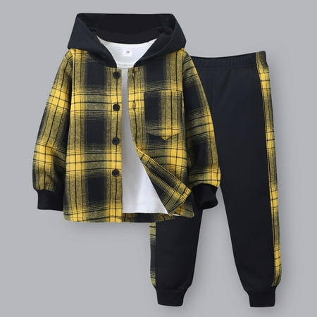 YWIYIUD Boys Two Piece Outfit Clothes Toddler Plaid Front Button Down Hoodie Sweatshirt and Jogger Sweatpants Sets Toddler Fall Winter Hoodie Set Home Wear Baby s Clothing Yellow 2-3 Years