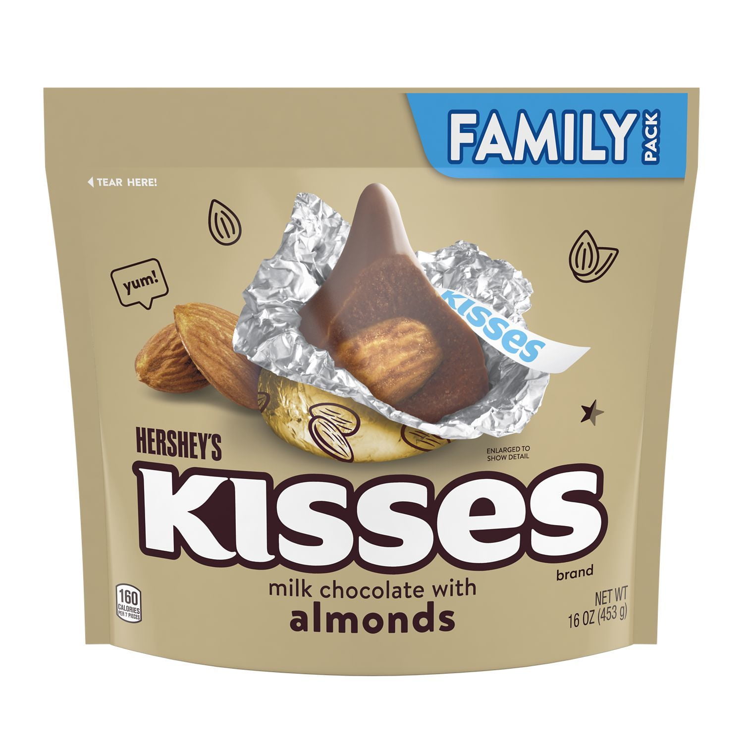 HERSHEY'S, KISSES Milk Chocolate with Almonds Candy, Individually Wrapped, 16 oz, Family Pack