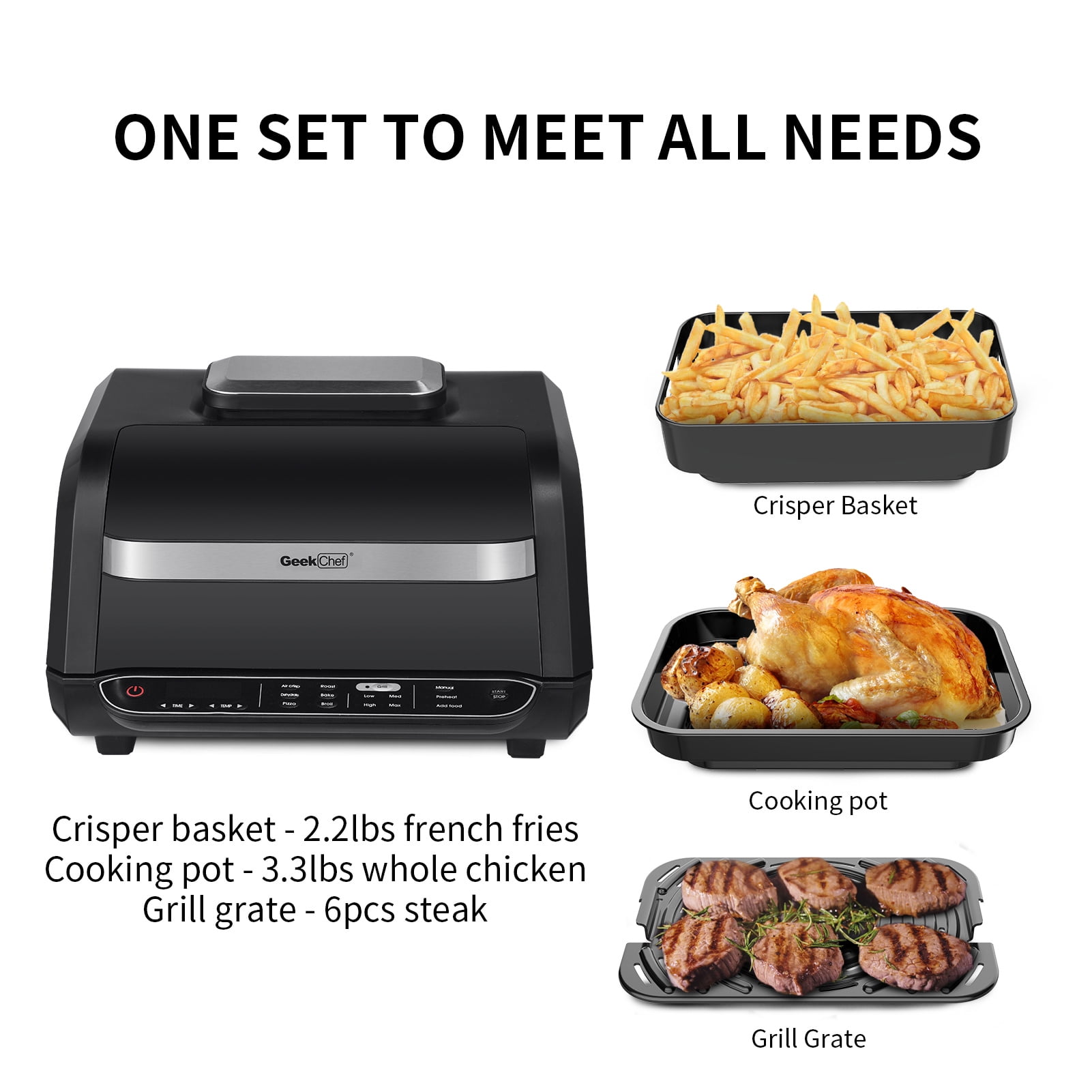 cadeninc 110 Sq. in. Black Smart 7-in-1 Indoor Grill and Air Fryer