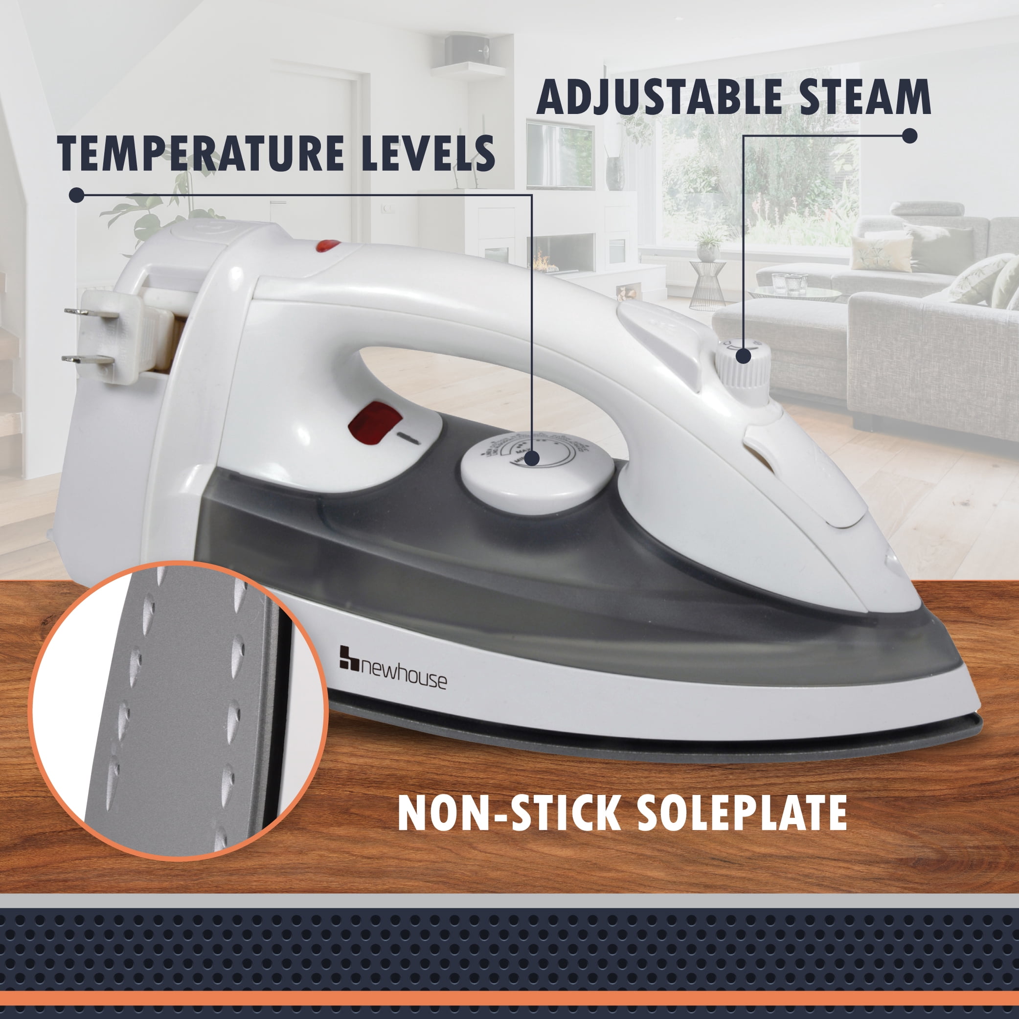 Newhouse 120V 1200-Watt Retractable Cord Steam and Spray Iron NHIR-001-R, Retractable Cord, Self-Cleaning, ETL Certified Home Essential