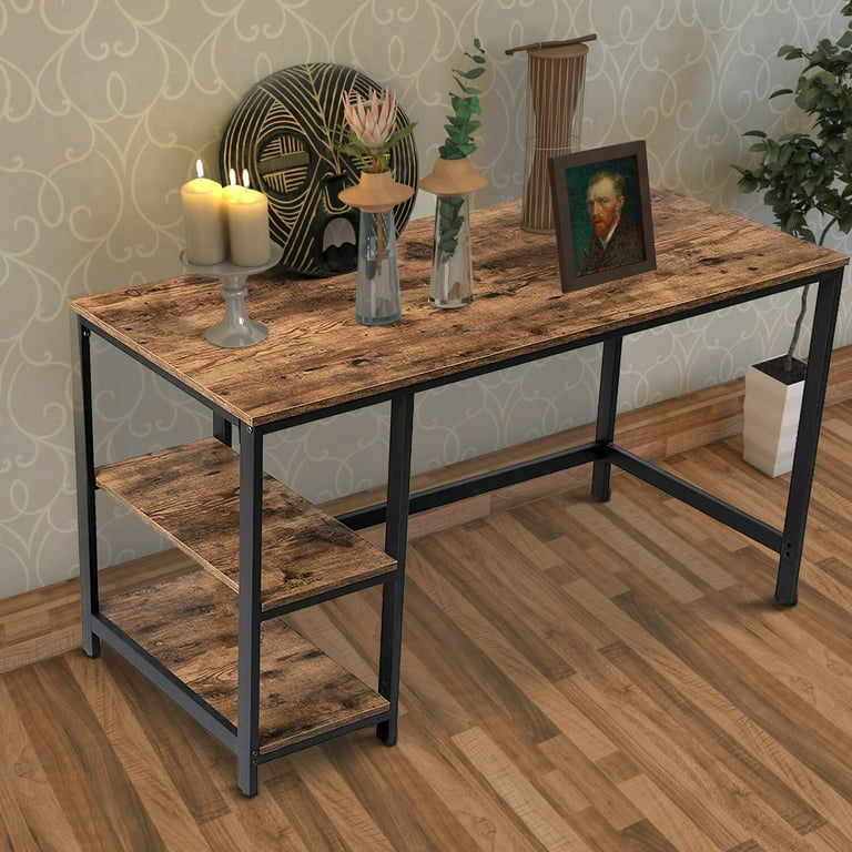 Benjara wood and metal desk with 2 shelves brown discount