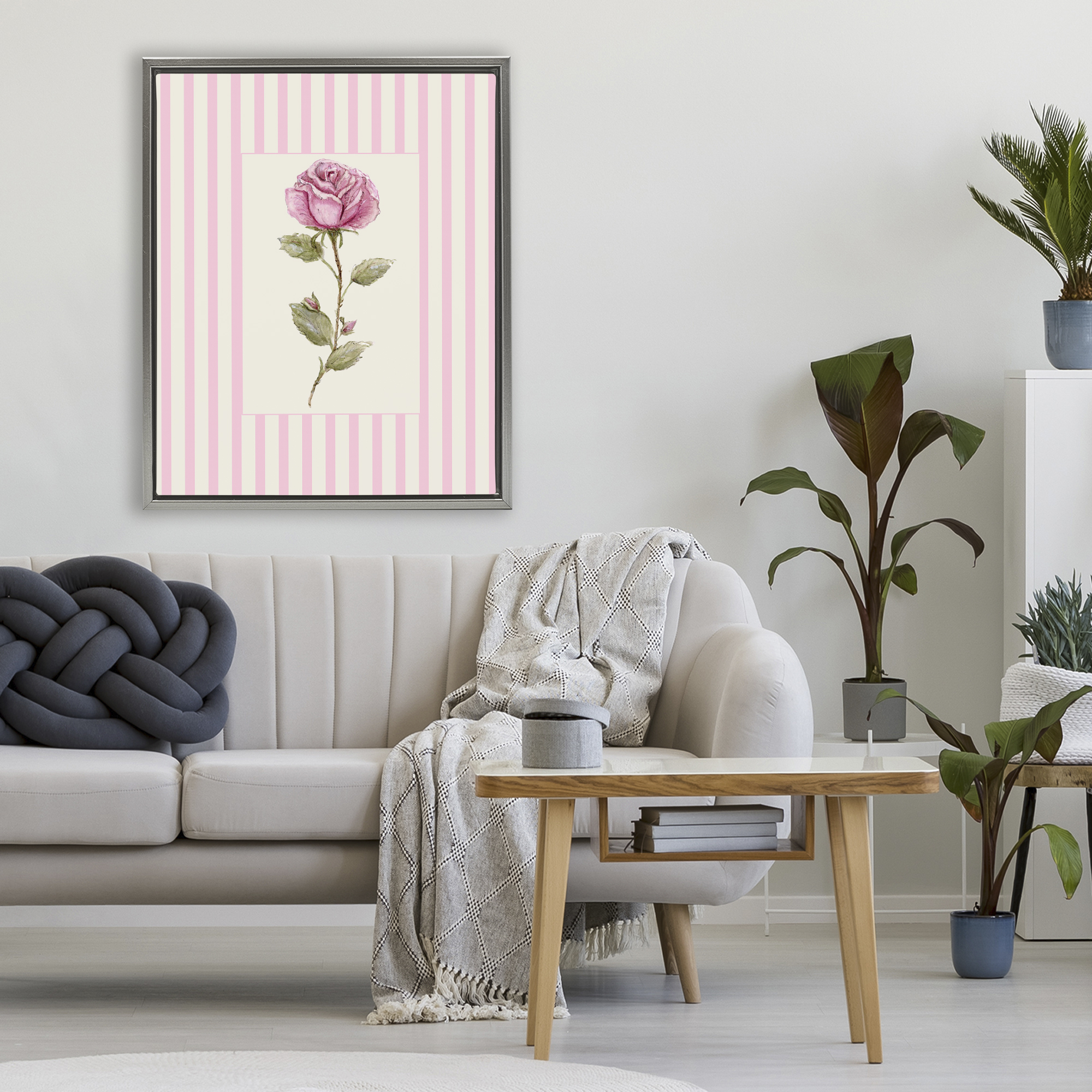 Pink Stripe Rose Gray Framed Floater Canvas Wall Art, design by Lisa Wehmeyer