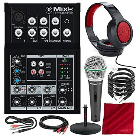 Series Dynamic Microphone - Mackie Mix Series Mix5 5-Channel Compact Mixer and Platinum Bundle w/ Dynamic Microphone + Studio Desktop Mic Stand + Headphones + Cables + Fibertique Cloth