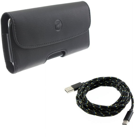 Black Leather Phone Case Side Cover w Braided Black 10ft Long Type-C Cable Rapid Charge USB Wire Sync X1W for Alcatel 7 - Coolpad Legacy - Nokia 3.1 Plus - OnePlus 7 Pro