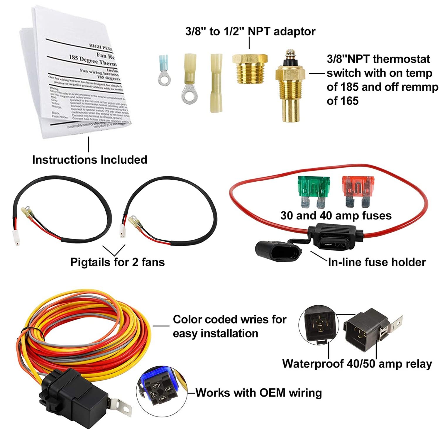 Dual Electric Cooling Fan Wiring Install Kit 185 Degree On 165 Off Engine Fan  Thermostat Temperature Switch 40/50 AMP Relay Kit, Works for: 2... 