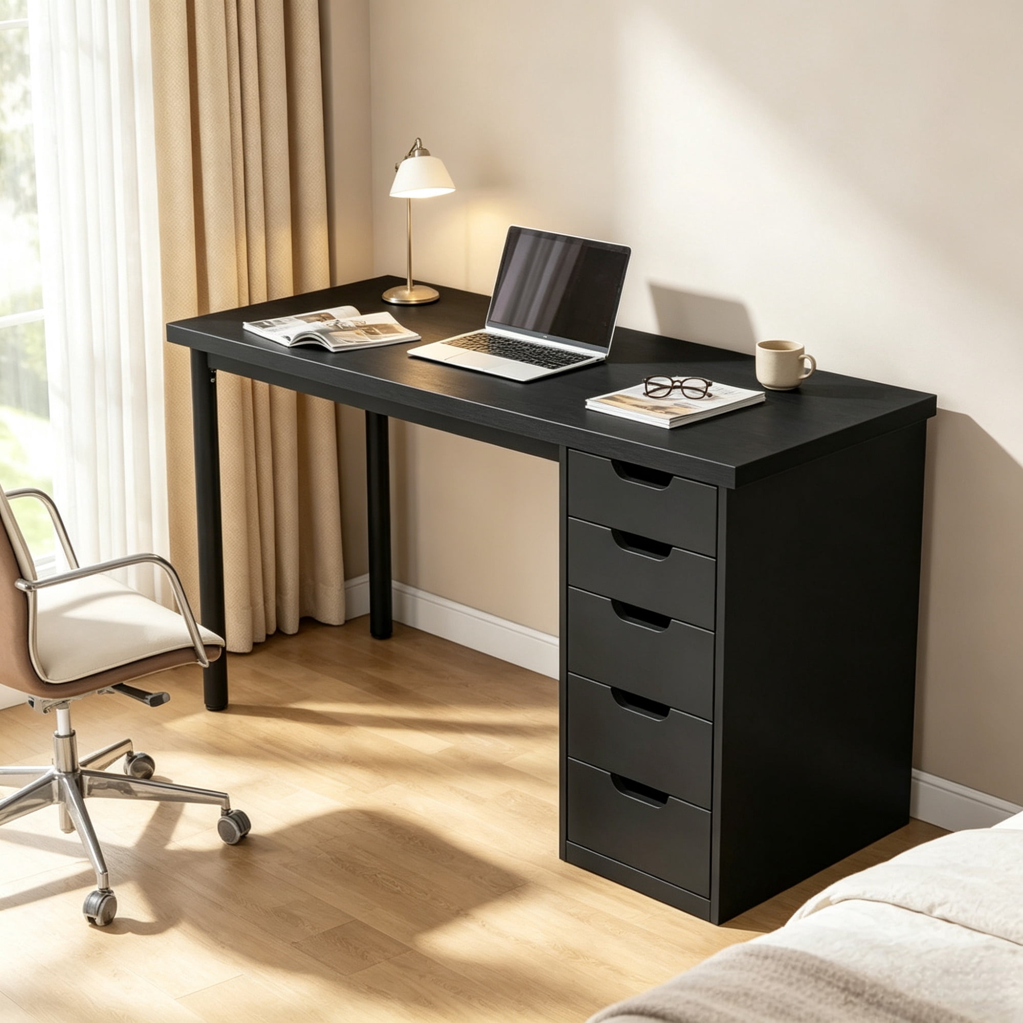 Modern Computer Desk, 47" Writing Desk with 5 Reversible Storage Drawers for Home Office